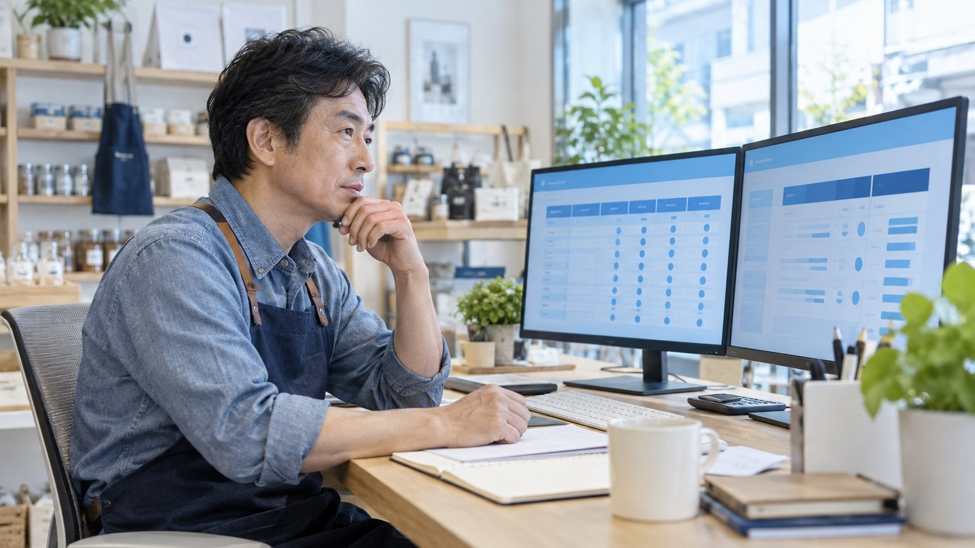 간편결제 PG결제 · 앞치마를 두른 남자가 큰 모니터로 결제 내역을 보는 장면(연출 사진)