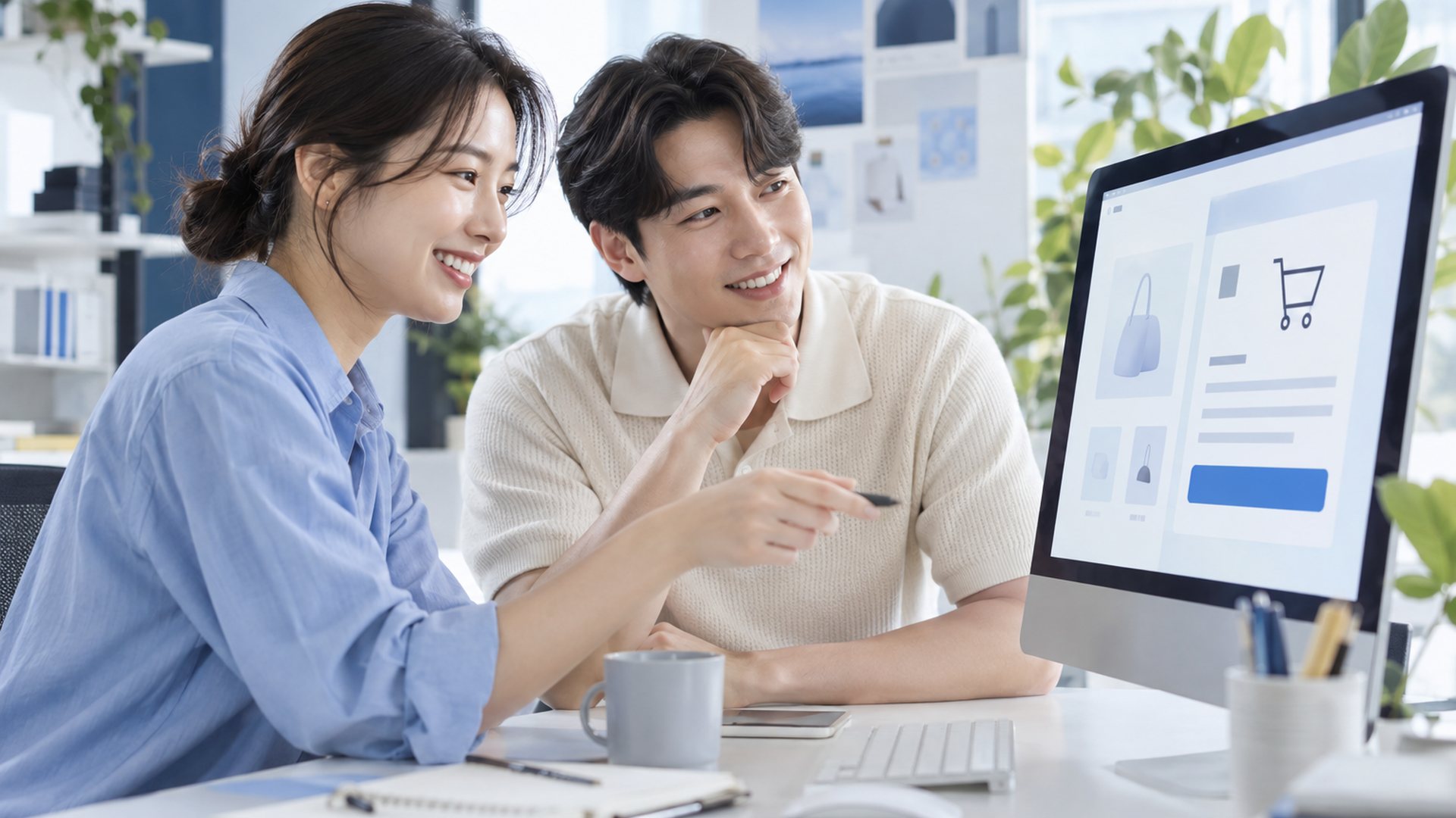 PG결제 수수료 · 두 사람이 온라인 쇼핑몰 화면을 보며 이야기하는 장면(연출 사진)