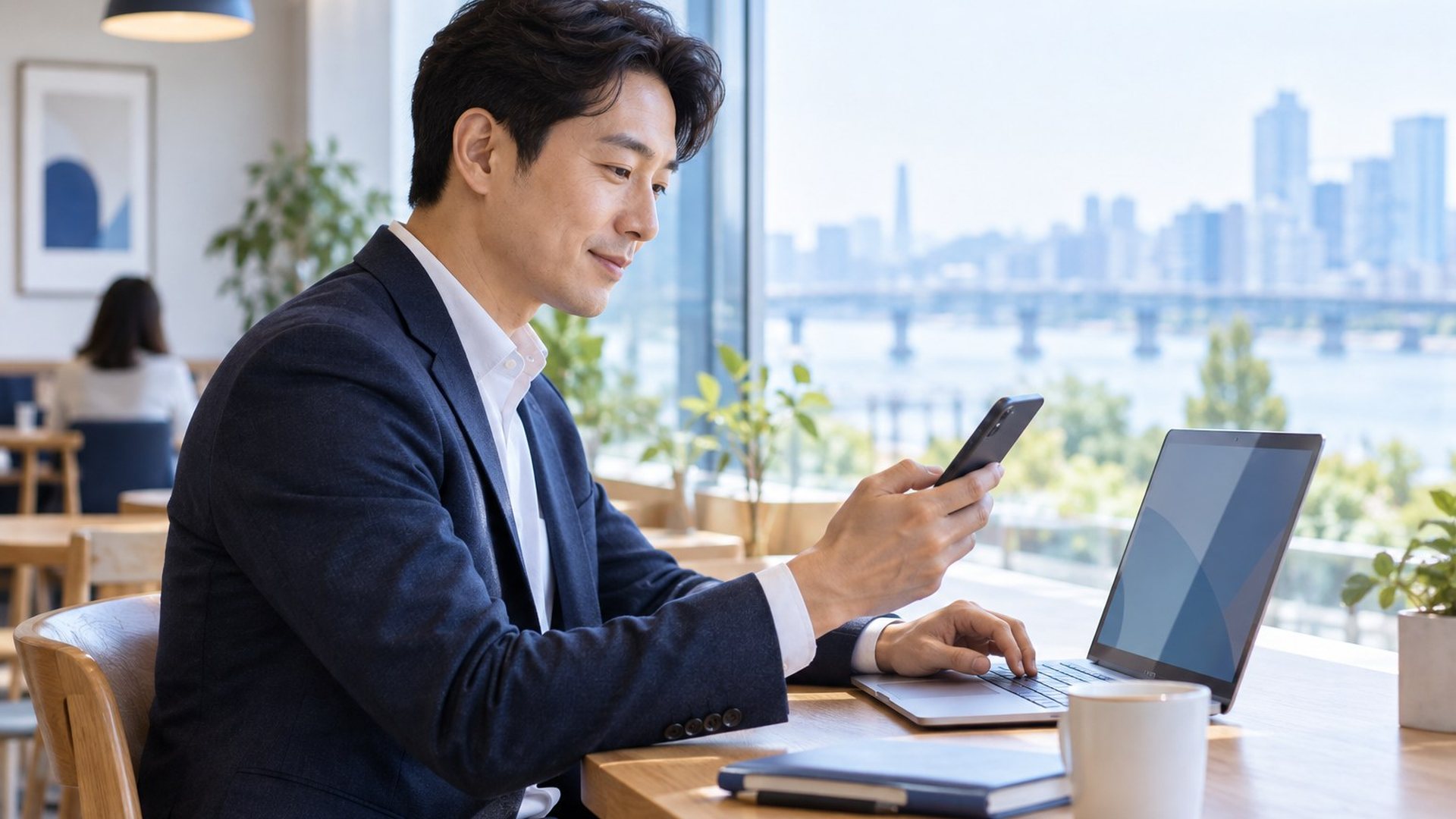 휴대용 PG결제 · 재킷을 입은 남자가 휴대폰과 노트북을 보는 장면(연출 사진)