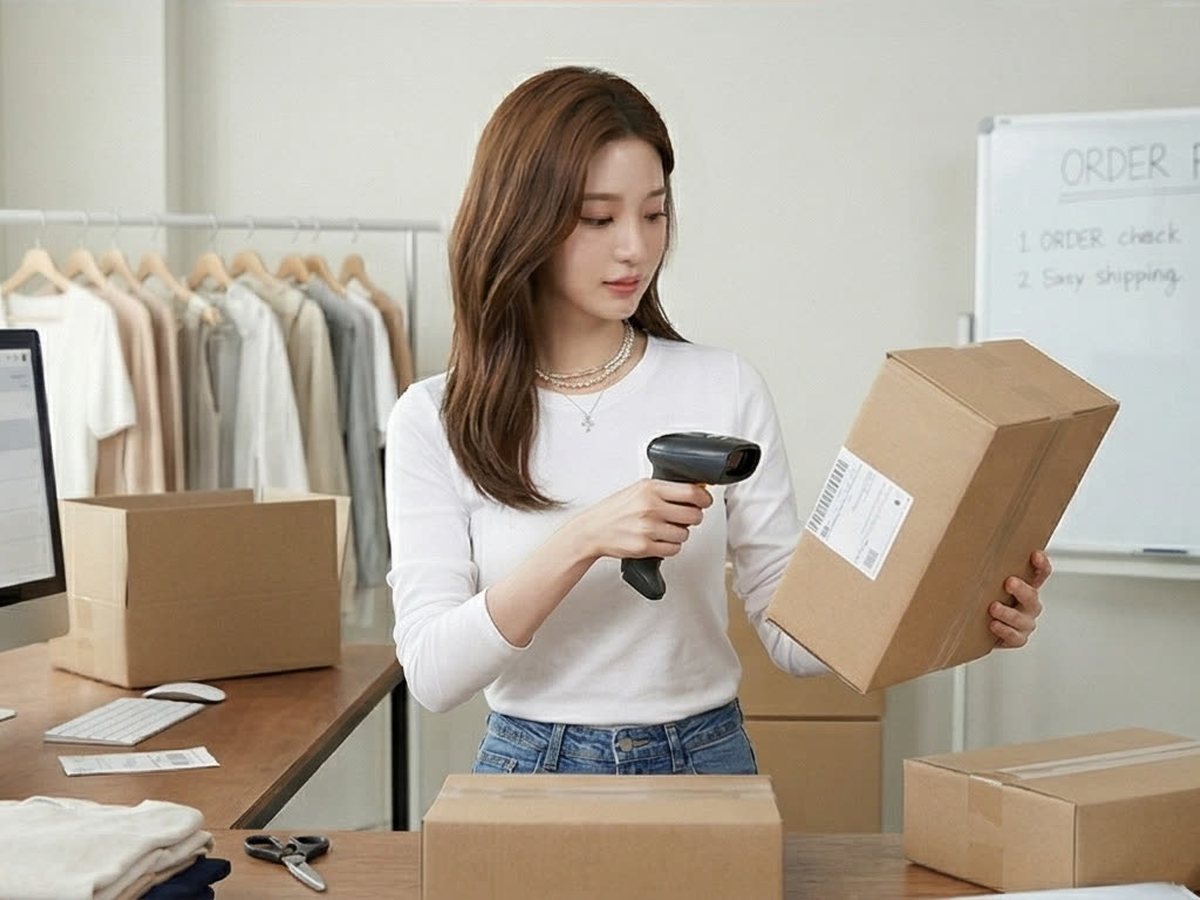 PG결제 수수료 · 여성이 상자의 바코드를 스캔하며 주문을 정리하는 장면(연출 사진)