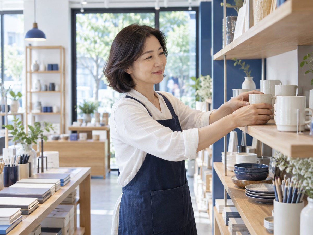 PG결제 · 앞치마를 두른 여성이 선반의 물건을 정리하는 장면(연출 사진)