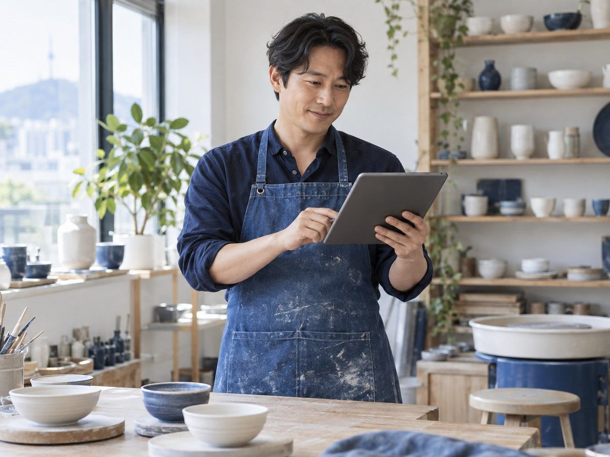 PG결제 · 공방에서 태블릿을 보는 앞치마 차림의 남자(연출 사진)