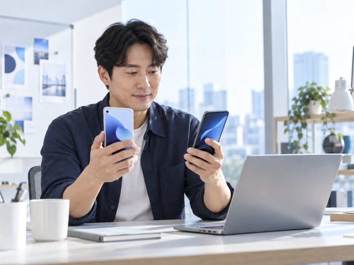 매장 PG결제 · 남자가 휴대폰 두 대로 결제 화면을 확인하는 장면(연출 사진)